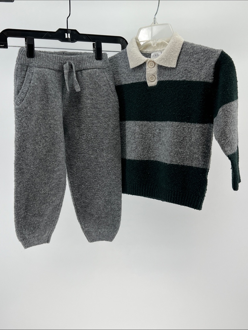 Zara Kids striped knit polo sweater and matching jogger pants set gray/green